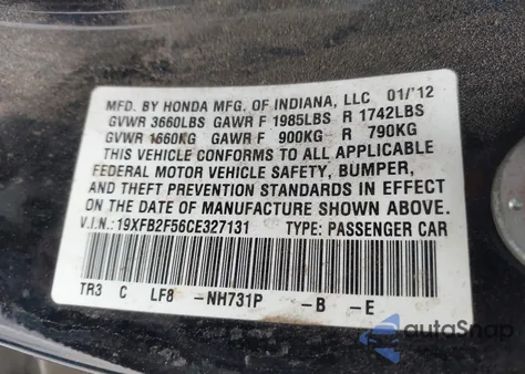 2012 Honda Civic Lx z USA, uszkodzony, nr VIN 19XFB2F56CE327131